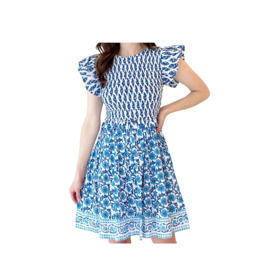 BINDU India 100% Cotton Smocked Rose Mini‎ Dress sz S
